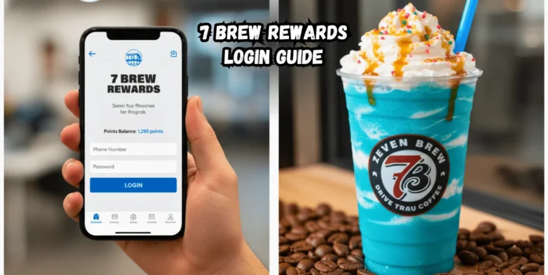 7 Brew Rewards Login screen showing 1,250 points balance next to a colorful blended 7 Brew coffee drink on a bed of coffee beans.