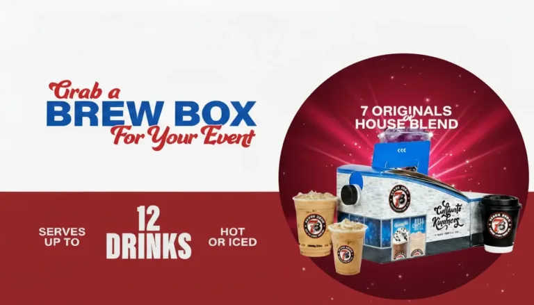 A neatly arranged 7 Brew Brew Box featuring premium coffee beans, a stylish mug, and brewing accessories on a wooden table.