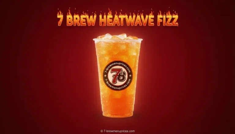 7 Brew Heatwave Fizz served over ice in a 7 Brew cup – caffeine-free citrus sparkling drink with mango, orange and pineapple syrup