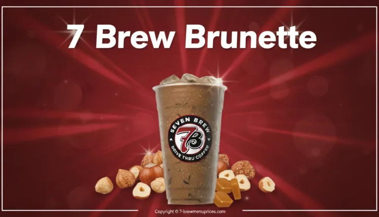 7 Brew Brunette served hot and iced in a 7 Brew cup with espresso, hazelnut, caramel and dark chocolate mocha sauce
