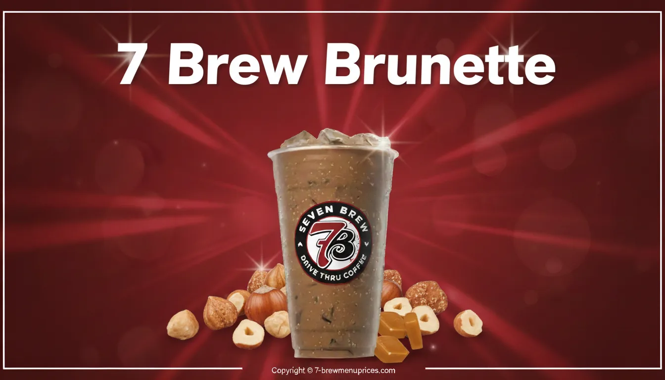 7 Brew Brunette served hot and iced in a 7 Brew cup with espresso, hazelnut, caramel and dark chocolate mocha sauce