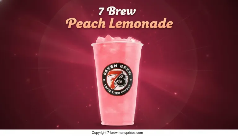 7 Brew Peach Lemonade served over ice in a 7 Brew cup – caffeine-free real lemon juice blended with sweet peach puree