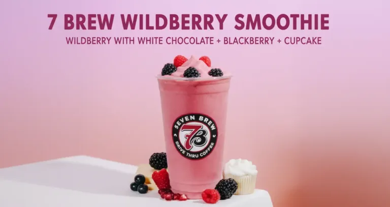 7 Brew Wildberry Smoothie in a 7 Brew cup – fresh blended strawberry, blueberry, raspberry and blackberry with creamy yogurt base