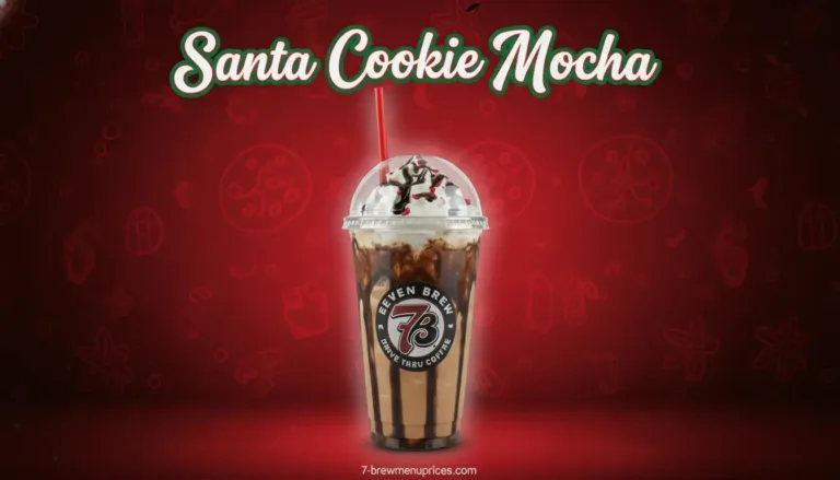 7 Brew Santa Cookie Mocha hot and iced in a 7 Brew cup – festive espresso with cookie syrup, whipped cream and cookie crumble topping