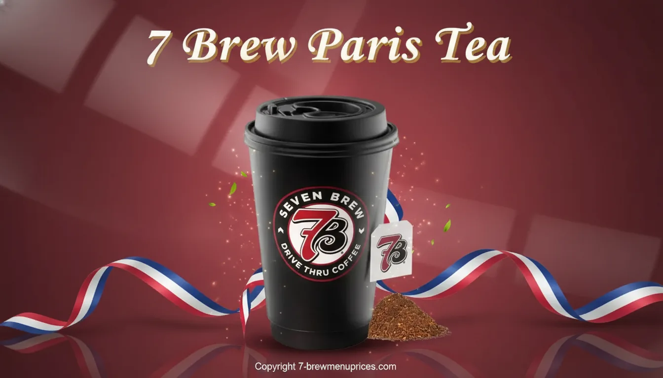 7 Brew Paris Tea hot and iced in a 7 Brew cup – aromatic black tea with vanilla, bergamot, citrus and optional fruit syrups