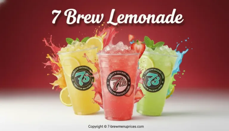 7 Brew lemonade drinks in yellow, red, and green flavors with fresh fruit and ice displayed against a colorful background