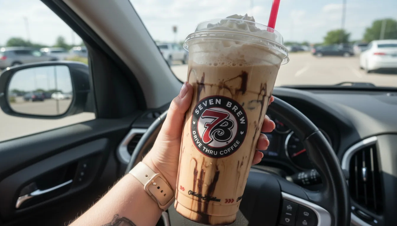 7 Brew Caramel Macchiato iced coffee held inside a car with whipped topping and chocolate caramel drizzle