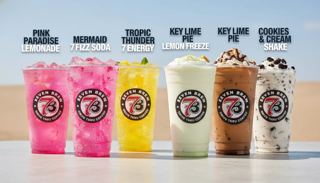 7 Brew vs Dutch Bros colorful drink lineup showing multiple flavored beverages and iced coffee options