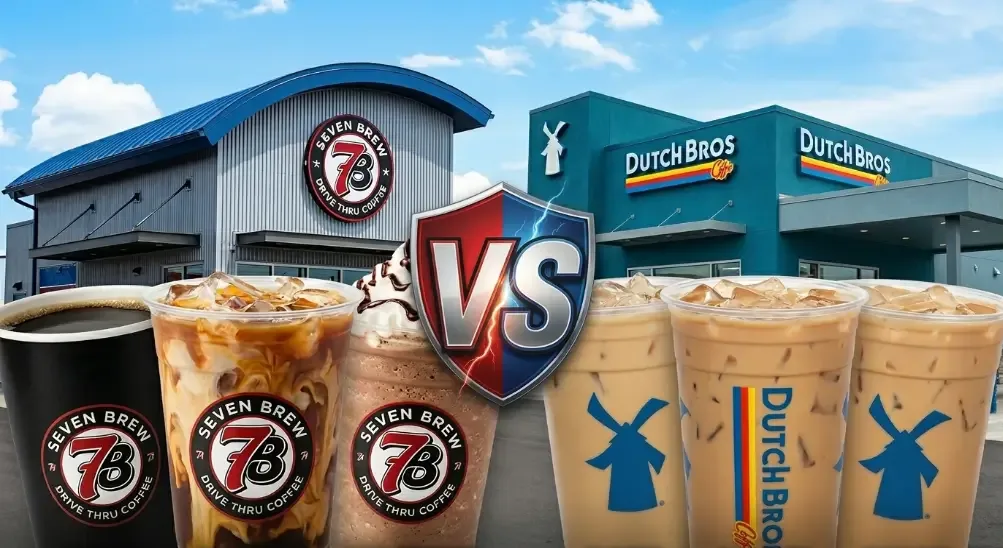 7 Brew vs Dutch Bros storefront comparison with both drive-thru coffee shops and signature drinks in front