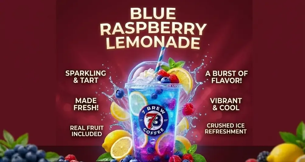 7 Brew Blue Raspberry Lemonade in a 7 Brew cup – vibrant real lemon juice with blue raspberry syrup over ice