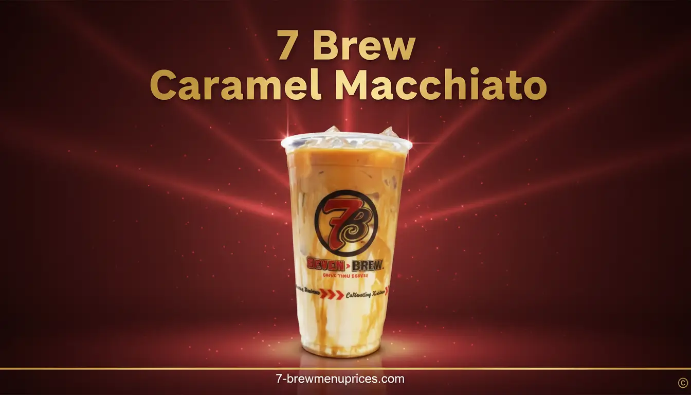7 Brew Caramel Macchiato iced drink promotional image with caramel drizzle and creamy milk layers